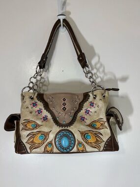 Concealed Carry Western Turquoise Concho Peacock Feather Embroidery Shoulder Bag